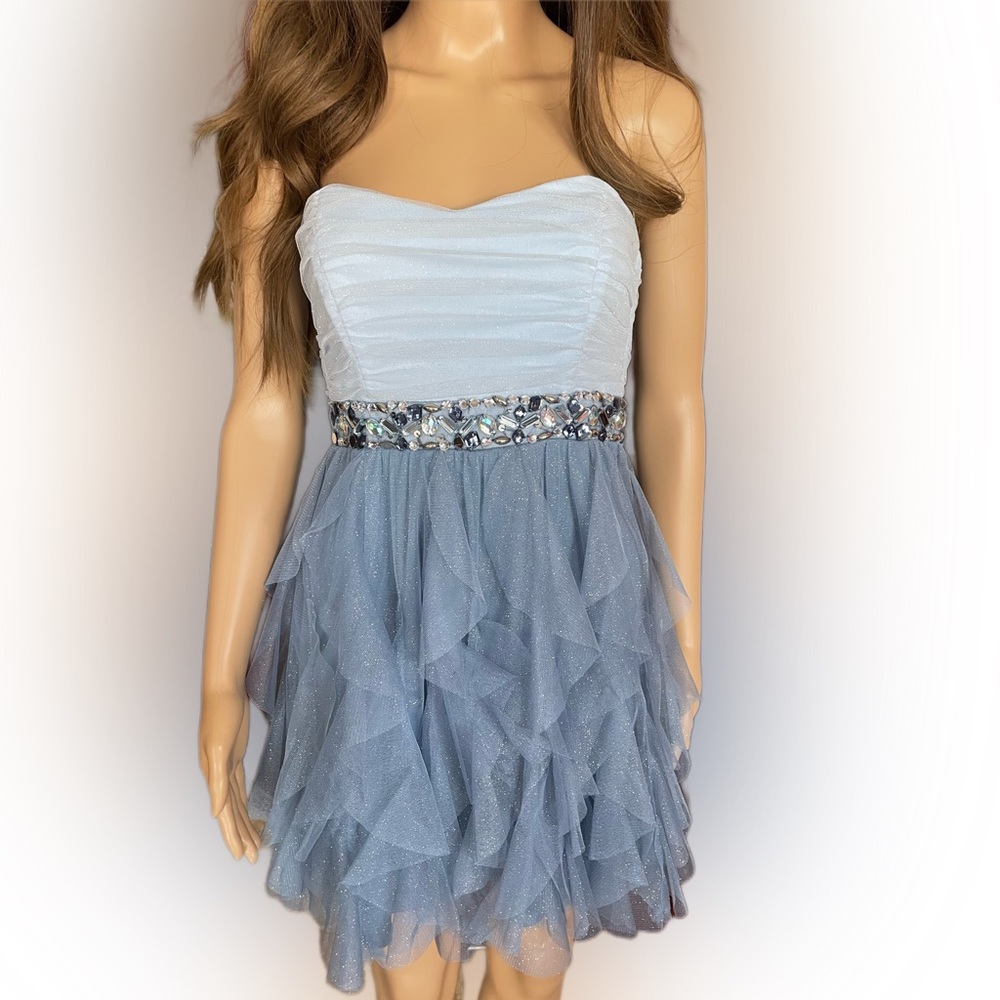 Blue Sleeveless Rhinestone and Sequins Embellished Fit & Flare Dress Size 5